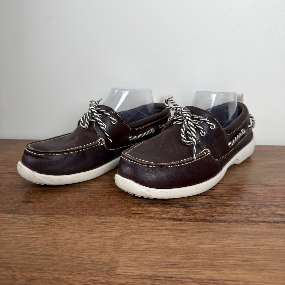 Crocs Above Deck Boat Shoes Espresso Brown Leather Nautical Loafers Womens 9